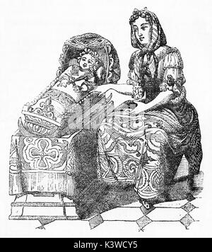 Vieille illustration d'une femme chantant une berceuse pour un bébé tout en basculant dans le socle. Par auteur non identifié, publié le Magasin Pittoresque, Paris, 1841 Banque D'Images