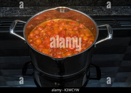 La soupe de tomate dans une casserole en acier inoxydable sur une plaque à induction. Banque D'Images