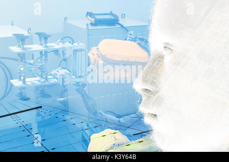 Double exposition de la production fabrication machine industrielle , bras robots d'usine en usine , smart robot rendu 3d face à l'intelligence artificielle Banque D'Images