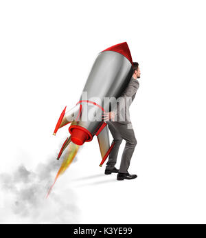 Détermination et homme d'alimentation qui est titulaire d'une fusée isolé sur fond blanc Banque D'Images