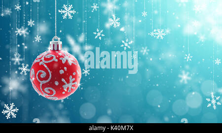 Boules de Noël et flocons de flou artistique sur fond bleu Banque D'Images