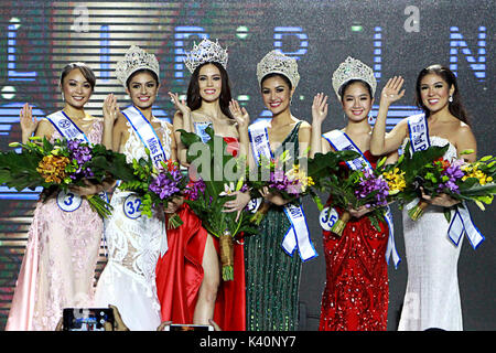 Aux Philippines. 06Th Sep 2017. Top 10 des gagnants de gauche à droite # 26, # 14 Cuaton Janela Cristina Marie Coloma, # 15 Laura Lehmann, # 6, # 28 Jona Sweett Reyes, Shiela # 3 Glyssa Leian Perez, # 32 Cynthia Thomalla, # 9 Winwyn Marquez, # 35 et # 24 Senoron Sophia Zara Carbonel pendant qu'ils attendent l'annonce des lauréats lors de la finale le soir du couronnement au Mall of Asia Arena à Pasay City le 3 septembre 2017. Credit : Gregorio B. Dantes Jr./Pacific Press/Alamy Live News Banque D'Images