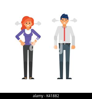 Vector illustration style plat de angry businessman and businesswoman caractères avec une vapeur s'échappant de leurs oreilles. Isolé sur fond blanc Illustration de Vecteur