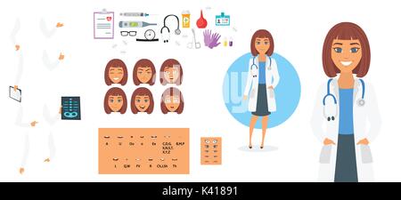 Vector cartoon style femme médecin générateur de caractères. Différentes émotions,bouche positions et les gestes de la main. Icônes médicale. Isolated on white Illustration de Vecteur