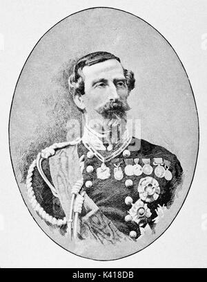 Portrait d'un ancien général posant dans son uniforme élégant plein de médailles à l'intérieur d'un cadre ovale. Alfonso Ferrero La Marmora (1804 - 1878) par E. Matania sur Garibaldi e i suoi Tempi Milan Italie 1884 Banque D'Images