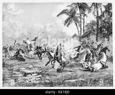 La violence ancienne bataille entre deux en face l'troupes sur une prairie avec végétation tropicale en arrière-plan. Bataille de San Antonio. Par E. Matania sur Garibaldi e i suoi Tempi Milan Italie 1884 Banque D'Images