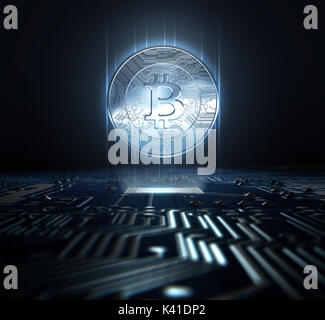 Un cryptocurrency hologramme bitcoin dans hovvering sous forme de pièce de monnaie sur une carte de circuit imprimé- 3D render Banque D'Images