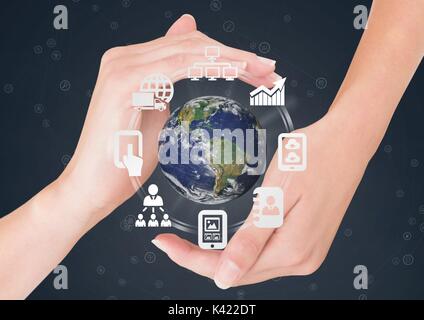 Digital composite de mains tenant un globe avec des connecteurs Banque D'Images