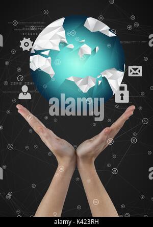 Digital composite de mains tenant un globe avec des connecteurs Banque D'Images