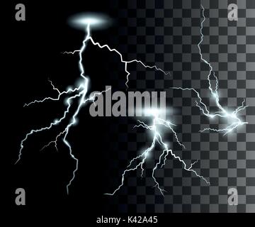 Ensemble de la transparence avec des éclairs réalistes isolées pour la conception. L'orage et des éclairs. La magie et les effets d'éclairage lumineux. Effet naturel Illustration de Vecteur