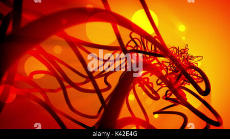 Rendu 3D impressionnante de fantaisie éblouissante de sphères et d'accidents vasculaires cérébraux et de couleur orange foncé qui ont plusieurs spirales torsadées de tailles diverses à la lumière Banque D'Images