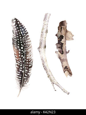 Ensemble de branches et de l'automne rouge aquarelle, dessin à la main des éléments du feuillage décoration. Banque D'Images