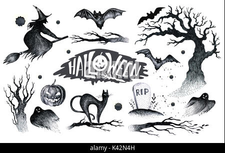 Halloween dessin noir blanc sur l'icône graphique, appelée Hallo Banque D'Images