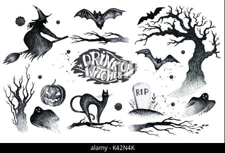 Halloween dessin noir blanc sur l'icône graphique, appelée Hallo Banque D'Images