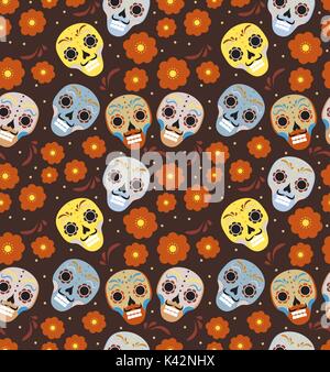 Le Jour des Morts au Mexique vacances modèle transparent avec des crânes de sucre. L'arrière-plan sans fin squelette. Dia de muertos en répétant la texture. Vector illustration. Illustration de Vecteur