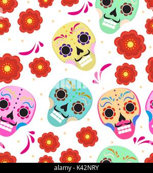 Le Jour des Morts au Mexique vacances modèle transparent avec des crânes de sucre. L'arrière-plan sans fin squelette. Dia de muertos en répétant la texture. Vector illustration. Illustration de Vecteur