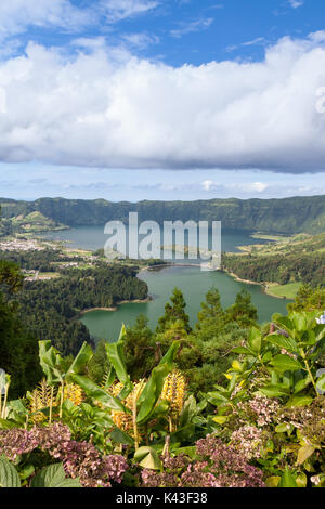 Lagoa Azul et Lagoa Verde au gingembre Lilys, Sao Miguel, Açores Banque D'Images