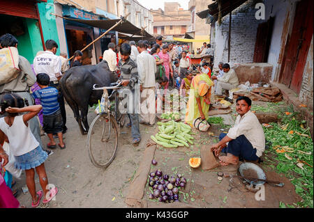 Vendeur à l'échoppe de marché aux légumes, Bharatpur, Rajasthan, Inde | Marktstand mit Gemuese, Bharatpur, Rajasthan, Indien Banque D'Images