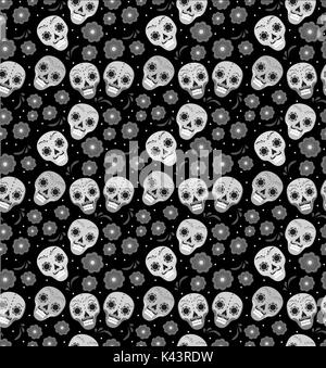 Le Jour des Morts au Mexique vacances modèle transparent avec des crânes de sucre. L'arrière-plan sans fin squelette. Dia de muertos en répétant la texture. Vector illustration. Illustration de Vecteur