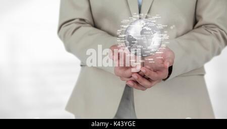 Digital composite of business woman holding a globe avec des connecteurs Banque D'Images