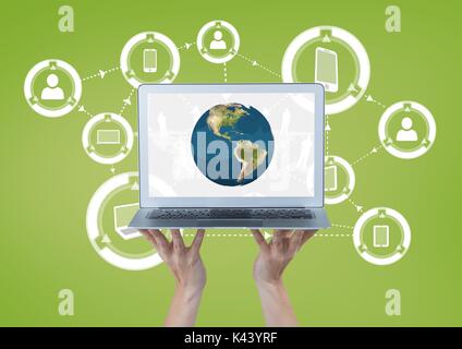 Digital composite of business woman holding un ordinateur avec un globe avec des connecteurs Banque D'Images