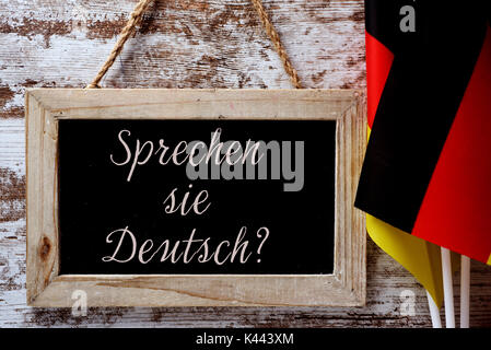 Un tableau en bois avec la question Sprechen Sie Deutsch ? Parlez-vous allemand ? Rédigé en allemand, et quelques drapeaux de l'Allemagne contre un cadre rustique Banque D'Images