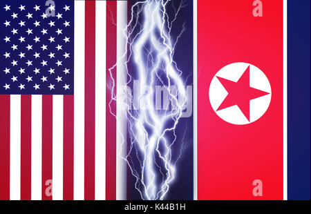 L'effet des éclairs entre les drapeaux des Etats-Unis et de la Corée du Nord. Notion de conflit entre deux nations, Washington et Pyongyang. Banque D'Images