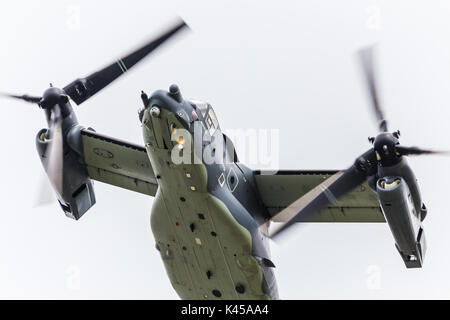 Un CV-22 Osprey de l'United States Air Force survole la piste à RAF Mildenhall à Suffolk, Angleterre. Banque D'Images