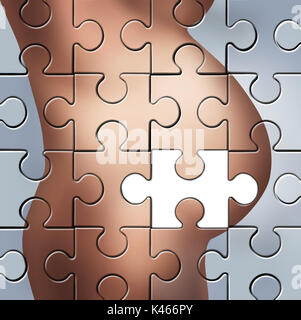 Solution de la grossesse et l'accouchement difficile que une femme enceinte ventre comme un puzzle avec une pièce manquante dans un style 3D illustration. Banque D'Images