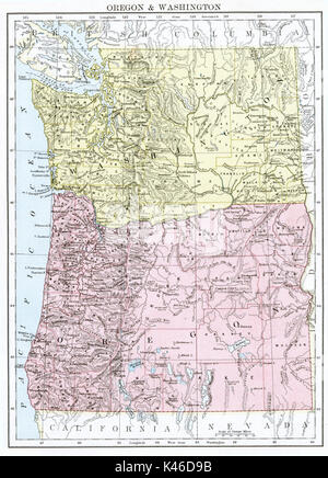 Carte antique, vers 1875, l'Oregon et Washington Banque D'Images