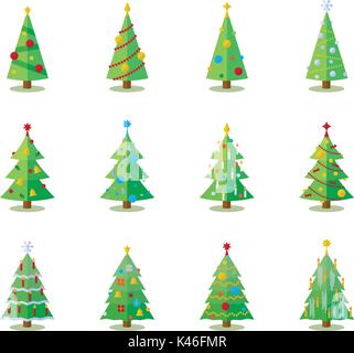 Ensemble de 12 arbres de Noël avec décoration divers Illustration de Vecteur