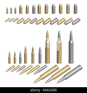 Variété de balles en laiton ou argent illustré dans des boîtiers en acier Banque D'Images