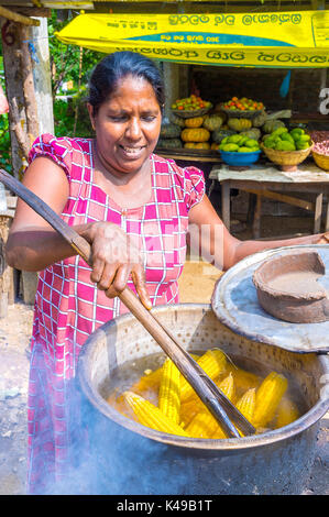 Kuda Oya, Sri Lanka - 2 décembre 2016 : vendeur de maïs bouilli offre de blocage des routes, sur décembre 2 à kuda oya Banque D'Images