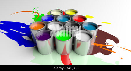 Des pots de peinture aux couleurs vives sur fond blanc, 3d illustration Banque D'Images