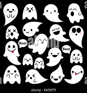 Cute vector icônes fantômes sur fond noir, design, jeu Halloween Kawaii collection ghost Illustration de Vecteur