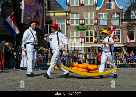 Les Porteurs de Fromage Fromage Truckles comptable au Marché au Fromage d'Alkmaar, Pays-Bas Banque D'Images