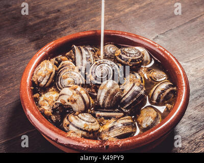 Escargots cuisinés, escargots, rustique servi tapa typiquement espagnol Banque D'Images
