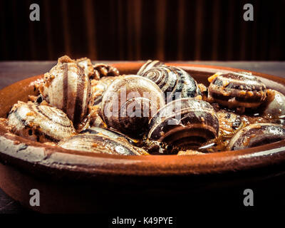 Escargots cuisinés, Escargots, Rustique servi Tapa typiquement espagnol Banque D'Images