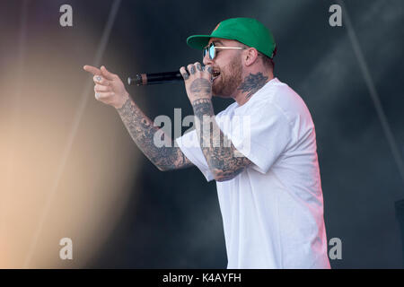 Turku, Finlande 9e juillet 2017 Le rappeur Mac Miller fonctionne à l'édition 2017 de l'Open Air Festival Ruisrock finlandais Banque D'Images