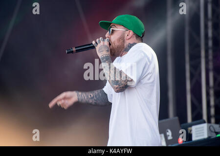 Turku, Finlande 9e juillet 2017 Le rappeur Mac Miller fonctionne à l'édition 2017 de l'Open Air Festival Ruisrock finlandais Banque D'Images