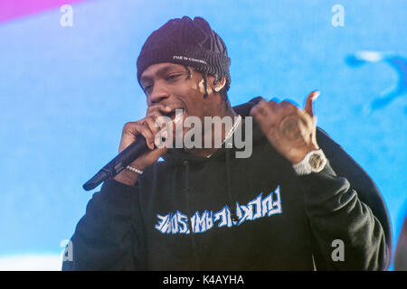 Turku, Finlande 9e juillet 2017 Le rappeur Travis Scott fonctionne à l'édition 2017 de l'Open Air Festival Ruisrock finlandais Banque D'Images