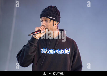 Turku, Finlande 9e juillet 2017 Le rappeur Travis Scott fonctionne à l'édition 2017 de l'Open Air Festival Ruisrock finlandais Banque D'Images