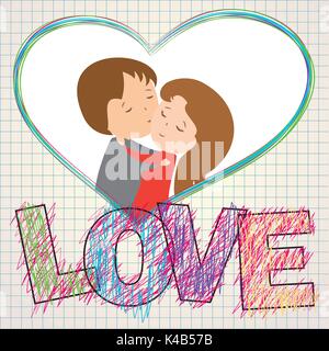 Le mot amour painted children's crayon style,couple in love au coeur,.vector Illustration de Vecteur