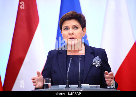 Varsovie, Pologne. 05 Sep, 2017. Primer Beata Szydlo a tenu une conférence de presse conjointe avec le Premier ministre letton Maris et Kucinskis Skvernelis Premier ministre lituanien Saulius à Varsovie. Credit : Jake Ratz/Alamy Live News Banque D'Images