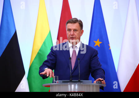 Varsovie, Pologne. 05 Sep, 2017. Primer Beata Szydlo a tenu une conférence de presse conjointe avec le Premier ministre letton Maris et Kucinskis Skvernelis Premier ministre lituanien Saulius à Varsovie. Credit : Jake Ratz/Alamy Live News Banque D'Images