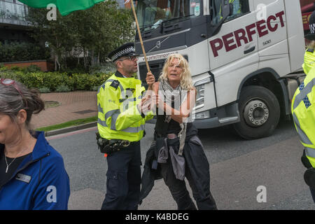 Londres, Royaume-Uni. 12Th Mar, 2017. Un policier pousse une femme marche lentement avec un drapeau palestinien à l'avant d'un camion hors de la route. Les manifestants ont essayé d'arrêter les camions en direction de la porte ouest dans la plus grande foire aux armements détenus dans les Docklands de Londres sur la route sur le 'Pas de foi dans la guerre' journée de protestations organisées par divers groupes confessionnels. Avant mon arrivée il y avait eu un lock-in sur la route d'arrêter les livraisons en provenance d'établir la juste à travers la porte de l'Orient. Crédit : Peter Marshall/Alamy Live News Banque D'Images