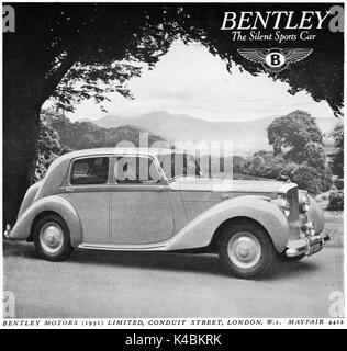 1940 old vintage publicité publicité originale Bentley la voiture de sport en silence vers 1947, lorsque le magazine fournitures étaient toujours restreinte en vertu de rationnement de l'après-guerre Banque D'Images