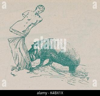 Illustration d'un hippopotame qui sortent de l'eau et de frapper sur un buste en marbre d'un homme, à partir de la Fédération de journal satirique Fonar, 1905. Banque D'Images