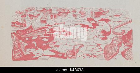 Caricature montrant les chaussures jetées, une canne, le sang et le haut d'un corps sur le sol entre les pavés, de la Fédération de journal satirique Fonar, 1905. Banque D'Images