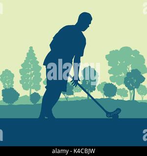 Joueur de floorball en parc avec bâton de hockey et ballon dans le coucher du soleil et à l'avant d'arbres fond vecteur Illustration de Vecteur